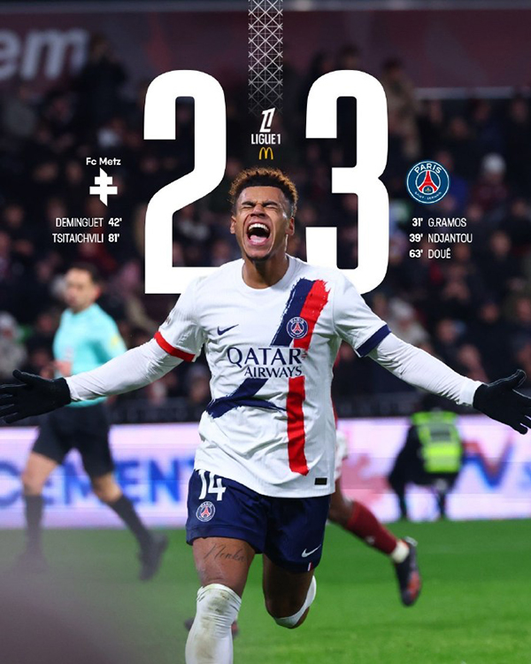 法甲-巴黎3-2梅斯 杜埃长距离奔袭斩回归后首球 姆巴耶2助攻