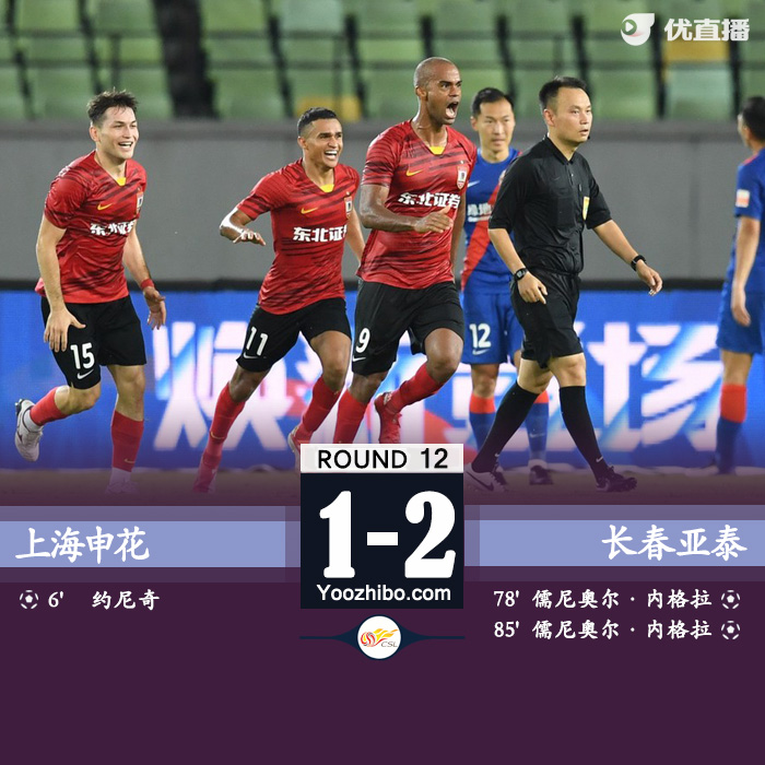 长春亚泰2-1上海申花 儒尼奥尔双响秦升送点