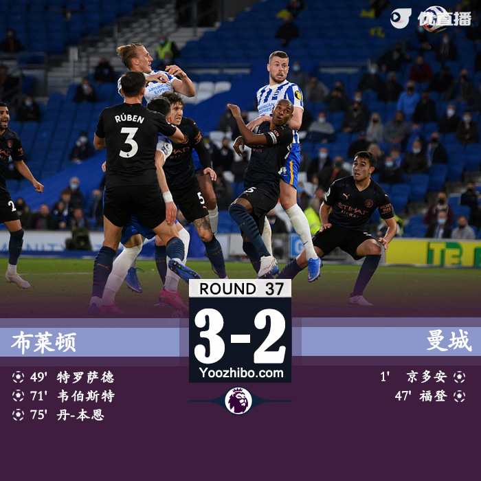 曼城2-3布莱顿 京多安福登破门坎塞洛直红