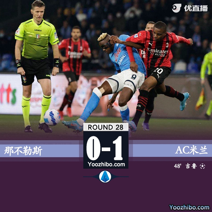 米兰1-0那不勒斯 吉鲁破门后伤退卡拉布里亚助攻