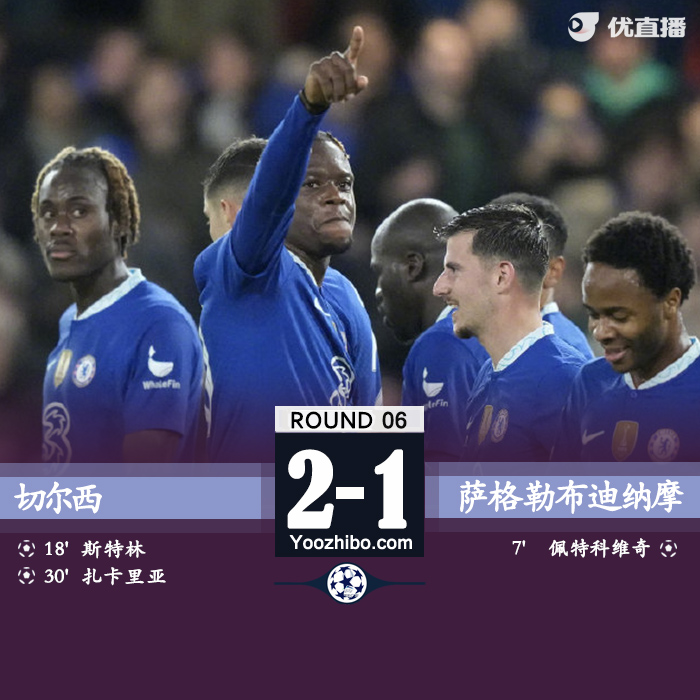 切尔西2-1萨格勒布 斯特林、扎卡里亚破门奇尔维尔伤退