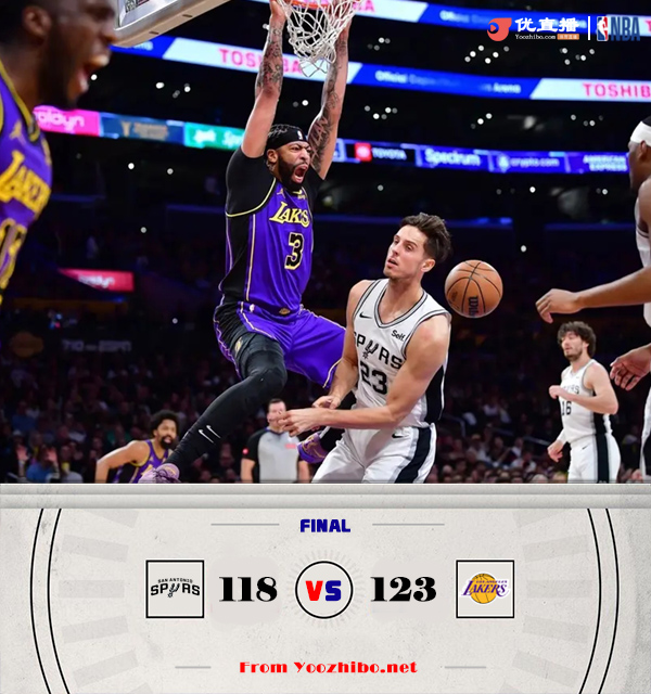 <a href=/lanqiujingsai/lakers/ target=_blank class=infotextkey>湖人</a>123-118力克<a href=/lanqiujingsai/spurs/ target=_blank class=infotextkey>马刺</a> 詹姆斯30+7+9 浓眉三节28+13 文班27+10+8+5+5